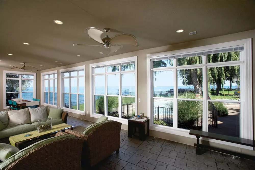 Interior view of large hung windows - White frame