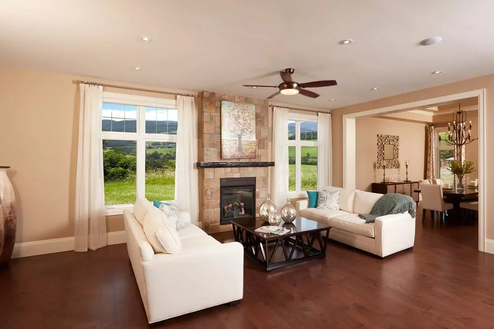 Modern living room - fireplace between windows