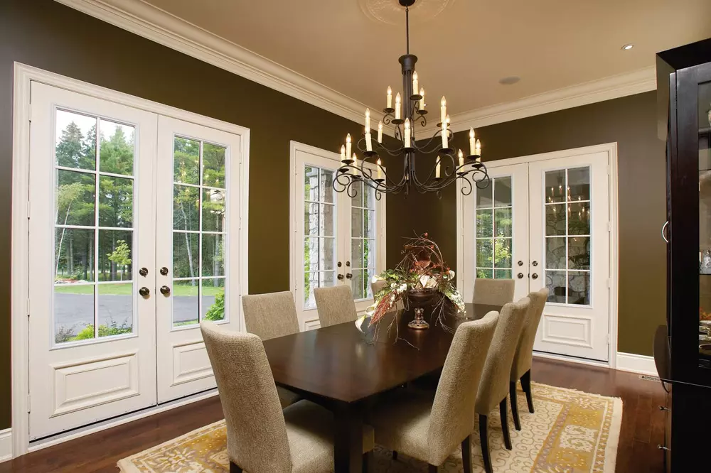 dining room with white patio doors - main entrance doors