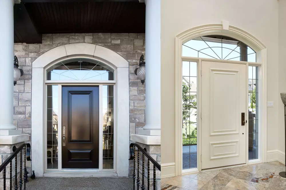 View of interior and exterior steel doors with side lights
